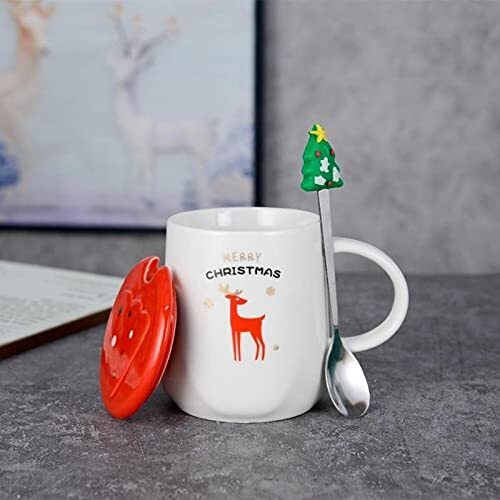 Cherrybox Ceramic Coffee Mug With Christmas Tree 3d Spoon | Designer Cups With Lid - 1 Pc (400 Ml) - Color: Multi Color