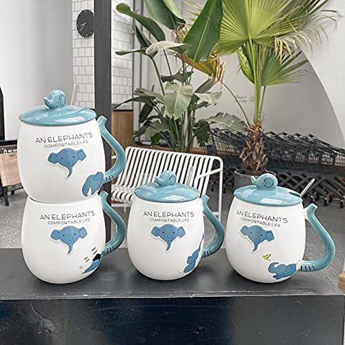 CherryBox Ceramic Coffee Mug - 400 ml, Blue Printed Design with Polished Finish, Includes Lid & Spoon | Set of 12 Round Designer Cups