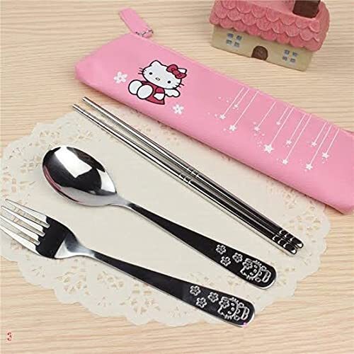 CherryBox Pink Kitty Stainless Steel Spoon, Fork & Chopsticks Cutlery Set for Kids with Pouch - Pink