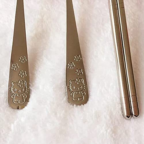 Cherrybox Pink Kitty Stainless Steel Spoon, Fork & Chopsticks Cutlery Set For Kids With Pouch - Pink - Design: Printed