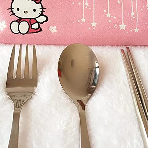 Cherrybox Pink Kitty Stainless Steel Spoon, Fork & Chopsticks Cutlery Set For Kids With Pouch - Pink - Design: Printed