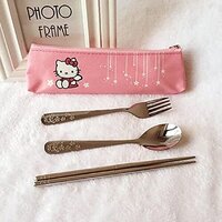 CherryBox Pink Kitty Stainless Steel Spoon, Fork & Chopsticks Cutlery Set for Kids with Pouch - Pink