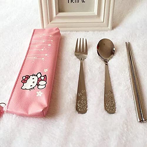 CherryBox Pink Kitty Stainless Steel Spoon, Fork & Chopsticks Cutlery Set for Kids with Pouch - Pink