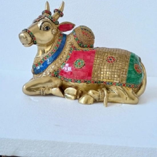 Brass Made Nandi Sitting Statue Unique Religious Metal Craft And Gift Item Stone Finish Nandi Statue - Color: Multi Color