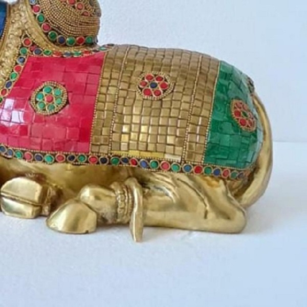 Brass Made Nandi Sitting Statue Unique Religious Metal Craft And Gift Item Stone Finish Nandi Statue - Color: Multi Color