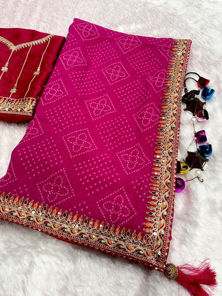 Heavy Wetless Bandhani Saree - Luxurious Fabric With Beautiful Print Codding & Sequence Work Lace Border And Heavy Latkan | Mono Banglori Blouse Available In Two Elegant Colors For Traditional Occasions
