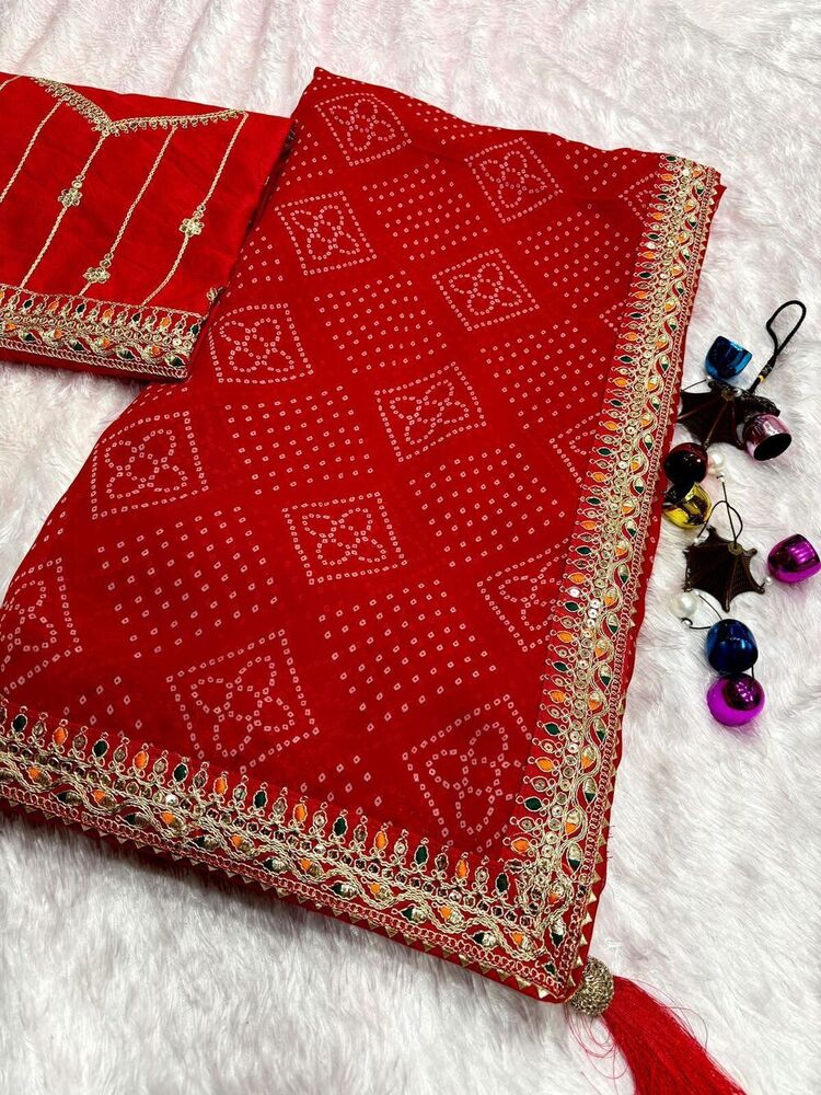 Heavy Wetless Bandhani Saree - Luxurious Fabric With Beautiful Print Codding & Sequence Work Lace Border And Heavy Latkan | Mono Banglori Blouse Available In Two Elegant Colors For Traditional Occasions