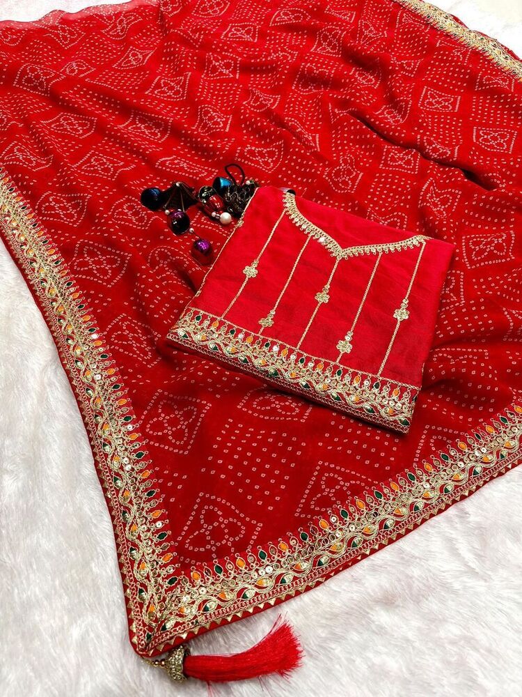 Heavy Wetless Bandhani Saree - Luxurious Fabric With Beautiful Print Codding & Sequence Work Lace Border And Heavy Latkan | Mono Banglori Blouse Available In Two Elegant Colors For Traditional Occasions