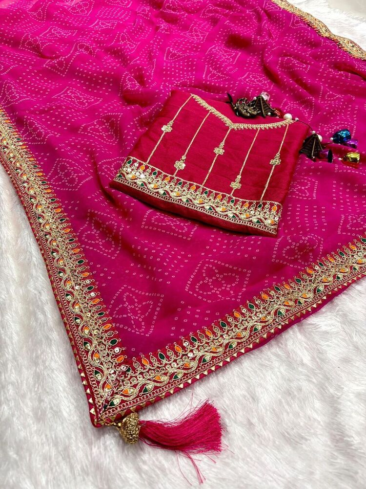 Heavy Wetless Bandhani Saree - Luxurious Fabric With Beautiful Print Codding & Sequence Work Lace Border And Heavy Latkan | Mono Banglori Blouse Available In Two Elegant Colors For Traditional Occasions