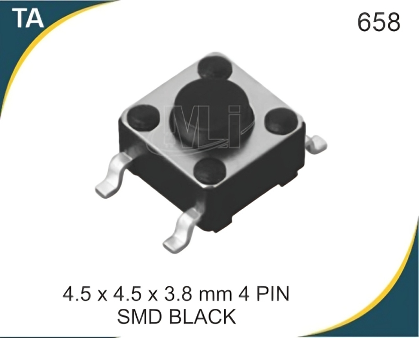 4.5x4.5x3.8 mm 4 पिन एसएमडी ब्लैक टैक्टाइल स्विच