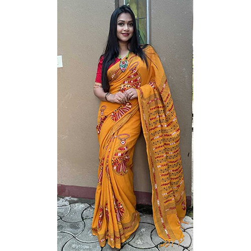 Sutrishna Handloom Khesh Kantha Saree - Color: Orange