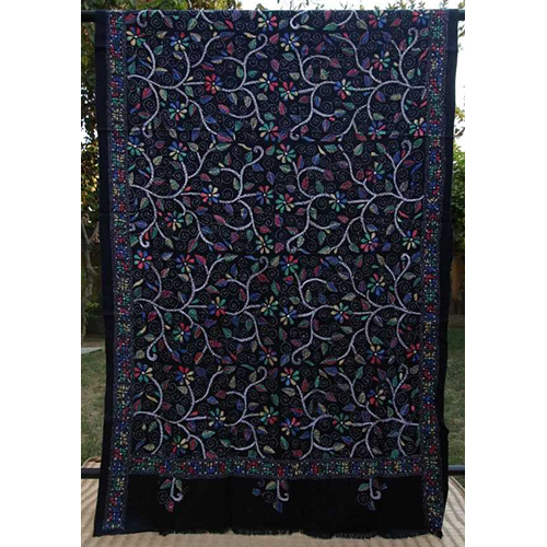 Chandana Kantha Woolen Shawl - Color: Black