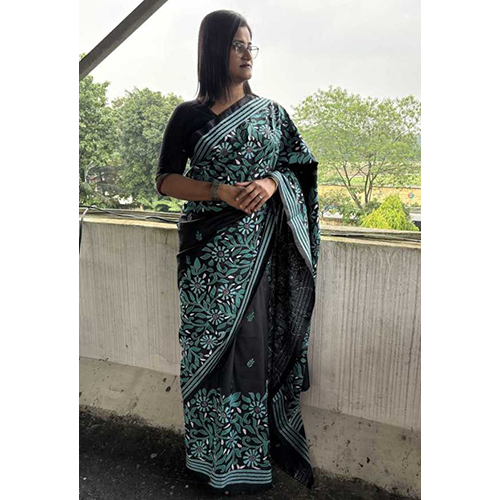 Karuna Silk Kantha Saree - Color: Black