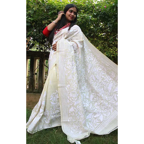 Sagarmata Pure Tussar Silk Kantha Saree - Color: White