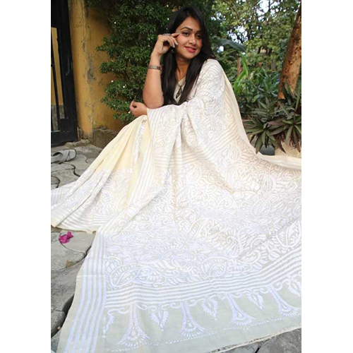 Tusar Pure Tussar Silk Kantha Saree - Color: White