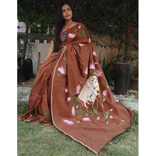 Bhadawari Pichwai Painting Saree - Color: Brown