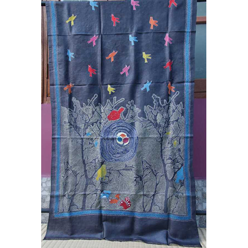 Poushali Tussar Silk Kantha Dupatta - Color: Dark Blue