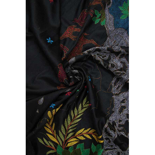 Swastik Tussar Silk Kantha Dupatta - Color: Black