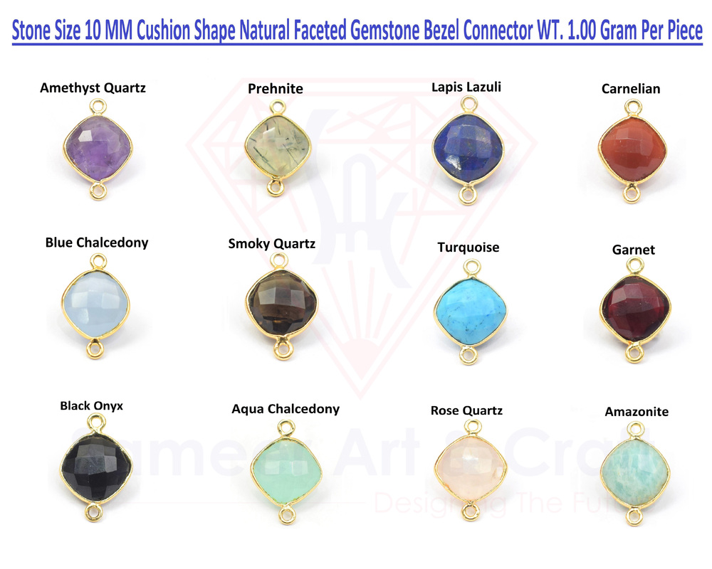 Natural Gemstone Cushion Shape 18K Gold Plated Double Bail Bezel Connector