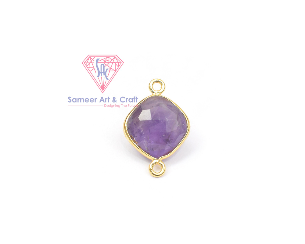 Natural Gemstone Cushion Shape 18K Gold Plated Double Bail Bezel Connector