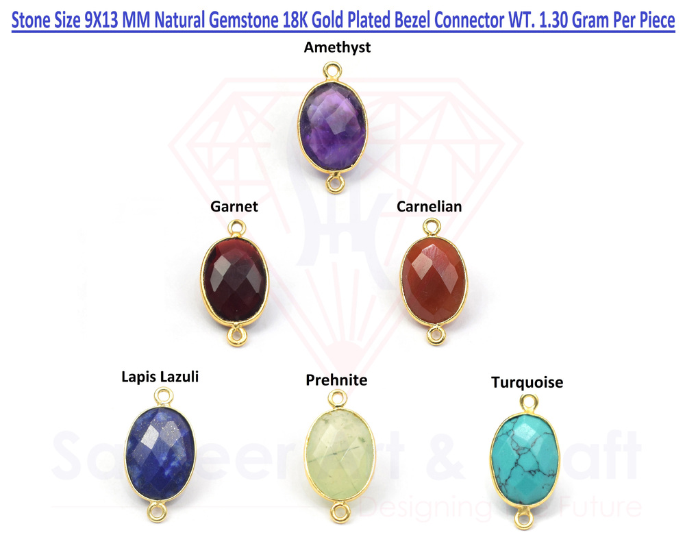 18K Gold Plated Natural Gemstone Oval Shape Double Bail Bezel Connector