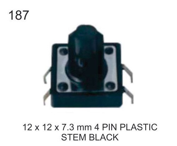 12X12X7.3MM 4 PIN PLASTIC STEM BLACK TACTILE SWITCH