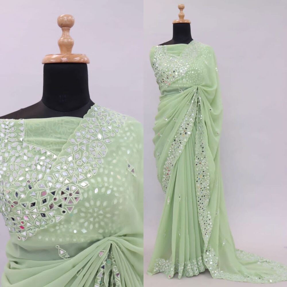 Soft Georgette Saree - Heavy Soft Georgette, Embroidered Pallu, Teal Color, Real Mirror Work (4000 Mirrors) | Unstitched Blouse With Embroidery