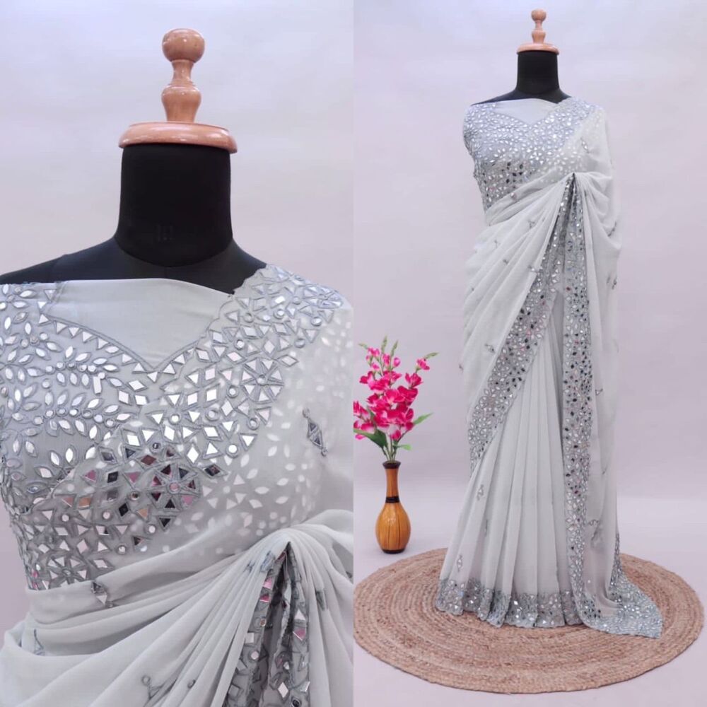 Soft Georgette Saree - Heavy Soft Georgette, Embroidered Pallu, Teal Color, Real Mirror Work (4000 Mirrors) | Unstitched Blouse With Embroidery