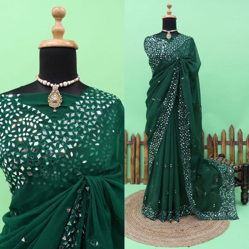 Soft Georgette Saree - Heavy Soft Georgette, Embroidered Pallu, Teal Color, Real Mirror Work (4000 Mirrors) | Unstitched Blouse With Embroidery