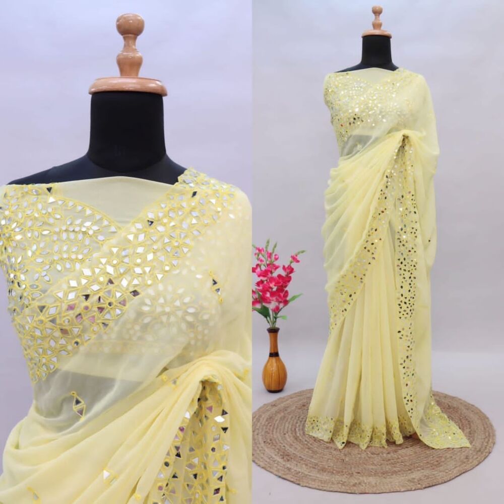 Soft Georgette Saree - Heavy Soft Georgette, Embroidered Pallu, Teal Color, Real Mirror Work (4000 Mirrors) | Unstitched Blouse With Embroidery