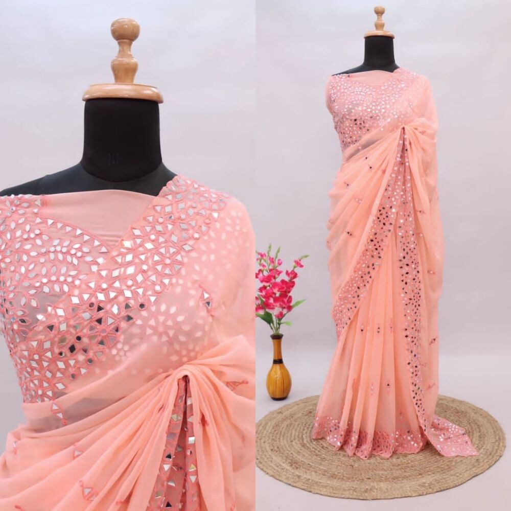 Soft Georgette Saree - Heavy Soft Georgette, Embroidered Pallu, Teal Color, Real Mirror Work (4000 Mirrors) | Unstitched Blouse With Embroidery