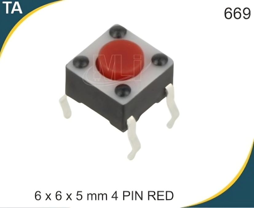 6X6X5 Mm 4 Pin Red Tactile Switch - Contact Resistance: : Max 100 Maca A Megaohm (MÏ)
