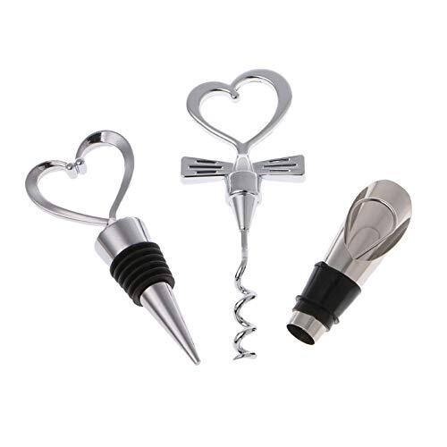 Cherrybox On Da House Love Heart Shape  Bottle Stopper, Corkscrew Spiral Drill Opener & Pourer - Silver - 3 In 1 Set | Red Heart Shape Gift Box - Material: Metal