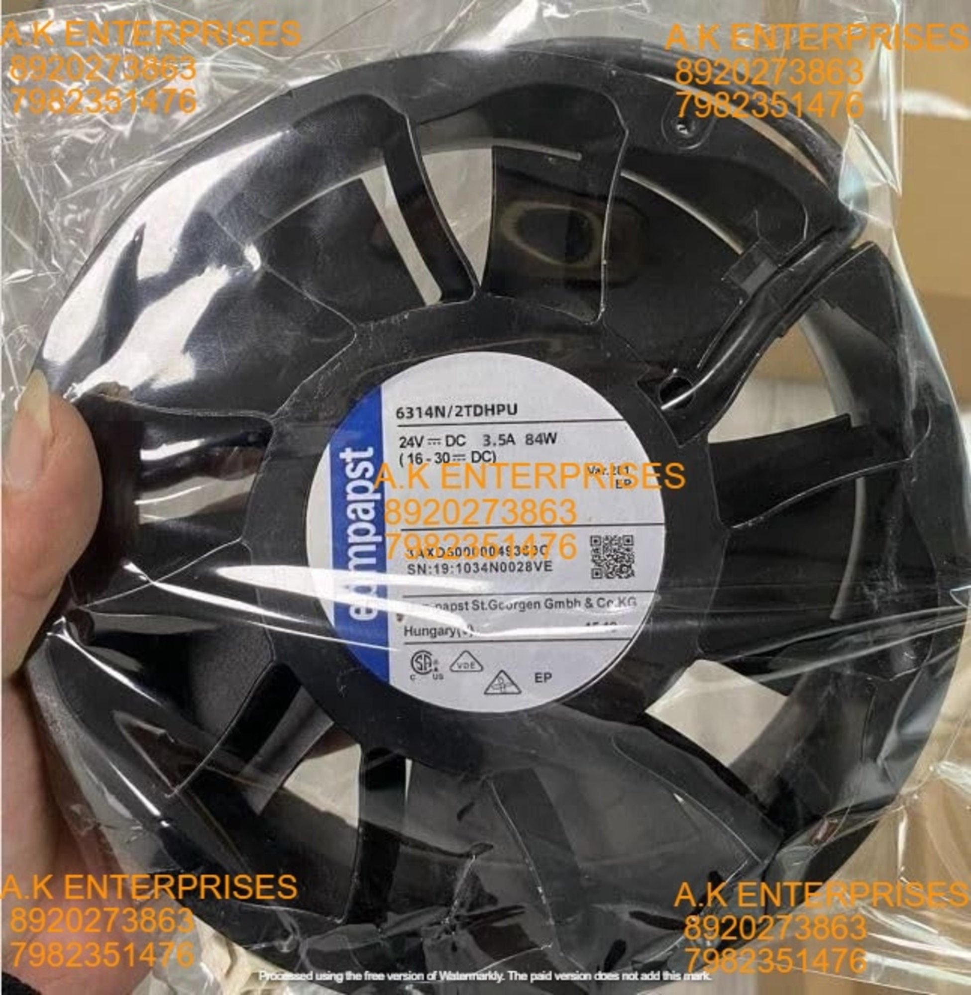 ebmpapst 6314 N/2TDHPU Axial Fan 24V-3.5A 84W DC Brushless Air Cooling Fan 7200 RPM 172 * 172 * 51mm 4-Wire (Metal)