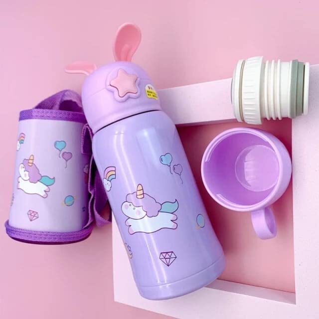 Cherrybox Cartoon Printed - Sipper Water Bottle With Straw & Cover For Children - Stainless Steel 500 Ml - Color: Pink And Purple