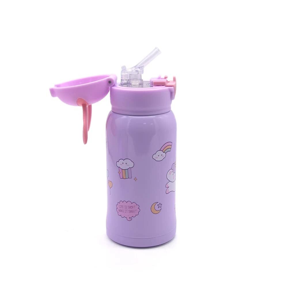 Cherrybox Cartoon Printed - Stainless Steel 500 Ml Sipper Water Bottle With Straw & Cover For Children Round Shape In Pink And Purple