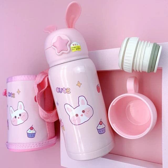 Cherrybox Cartoon Printed - Stainless Steel 500 Ml Sipper Water Bottle With Straw & Cover For Children Round Shape In Pink And Purple