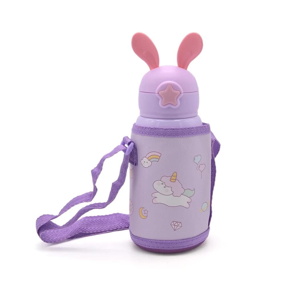 Cherrybox Cartoon Printed - Stainless Steel 500 Ml Sipper Water Bottle With Straw & Cover For Children Round Shape In Pink And Purple