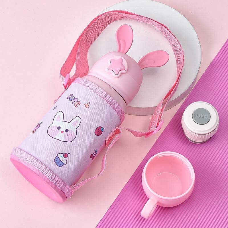 Cherrybox Cartoon Printed - Stainless Steel 500 Ml Sipper Water Bottle With Straw & Cover For Children Round Shape In Pink And Purple