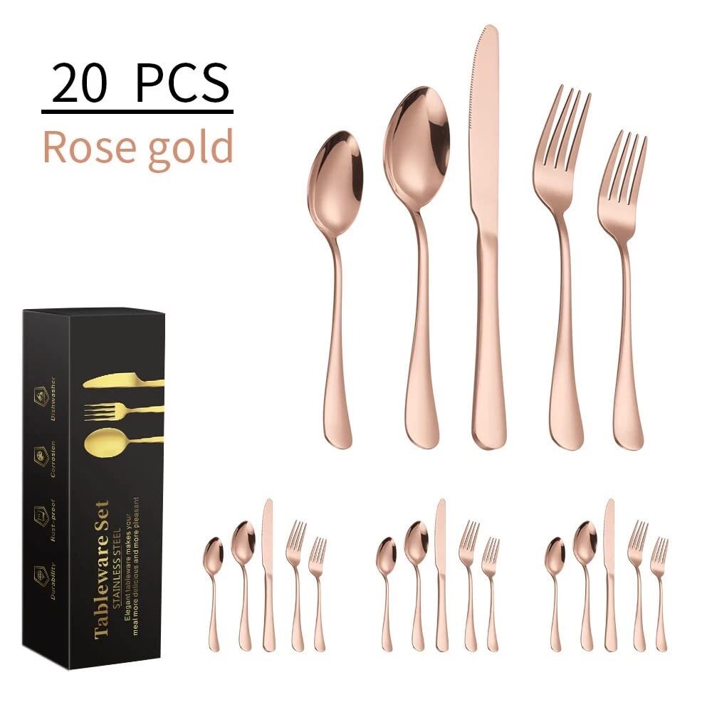Cherrybox Kapo Golden Stainless Steel Cutlery Flatware Tableware Set Spoons Forks Butter Knifes With Mirror Finish - 20 Pieces Set - Color: Gold And Rose Gold