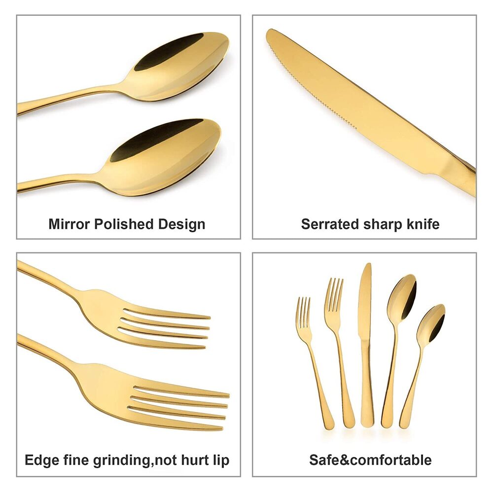 CHERRYBOX KAPO Golden Stainless Steel Cutlery Flatware Tableware Set Spoons Forks Butter Knifes with Mirror Finish - 20 Pieces Set