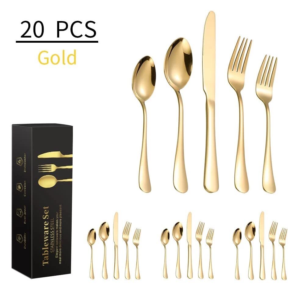 Cherrybox Kapo Golden Stainless Steel Cutlery Flatware Tableware Set Spoons Forks Butter Knifes With Mirror Finish - 20 Pieces Set - Color: Gold And Rose Gold