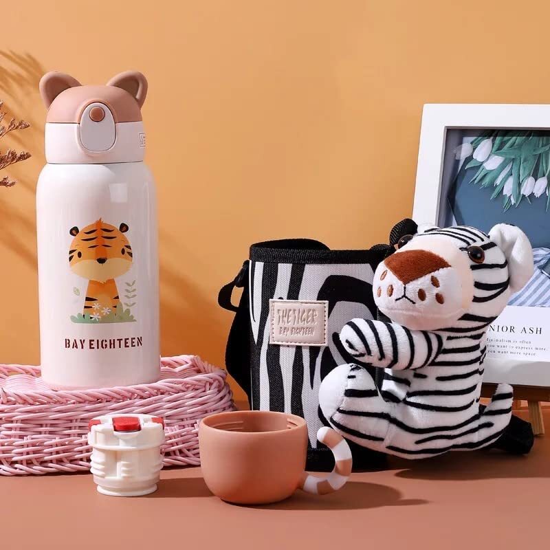 Cherrybox Animal Print Stainless Steel 316 Sipper Water Bottle With Animal Cartoon Plush Cover Flask - 530Ml With Double Wall Flask With Straw And Cup - Color: Multi Color