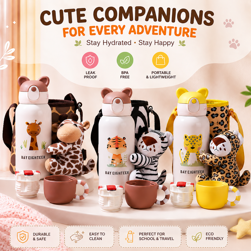 Cherrybox Animal Print Stainless Steel 316 Sipper Water Bottle With Animal Cartoon Plush Cover Flask - 530Ml With Double Wall Flask With Straw And Cup - Color: Multi Color