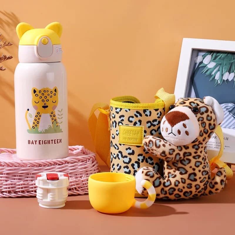 Cherrybox Animal Print Stainless Steel 316 Sipper Water Bottle With Animal Cartoon Plush Cover Flask - 530ml With Double Wall Flask With Straw And Cup - Color: Multi Color