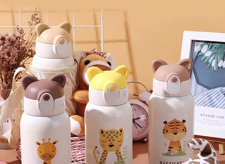 CherryBox Animal Print Stainless Steel 316 Sipper Water Bottle with Animal Cartoon Plush Cover Flask - 530ml with Double Wall Flask with Straw and Cup