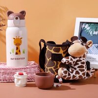 CherryBox Animal Print Stainless Steel 316 Sipper Water Bottle with Animal Cartoon Plush Cover Flask - 530ml with Double Wall Flask with Straw and Cup