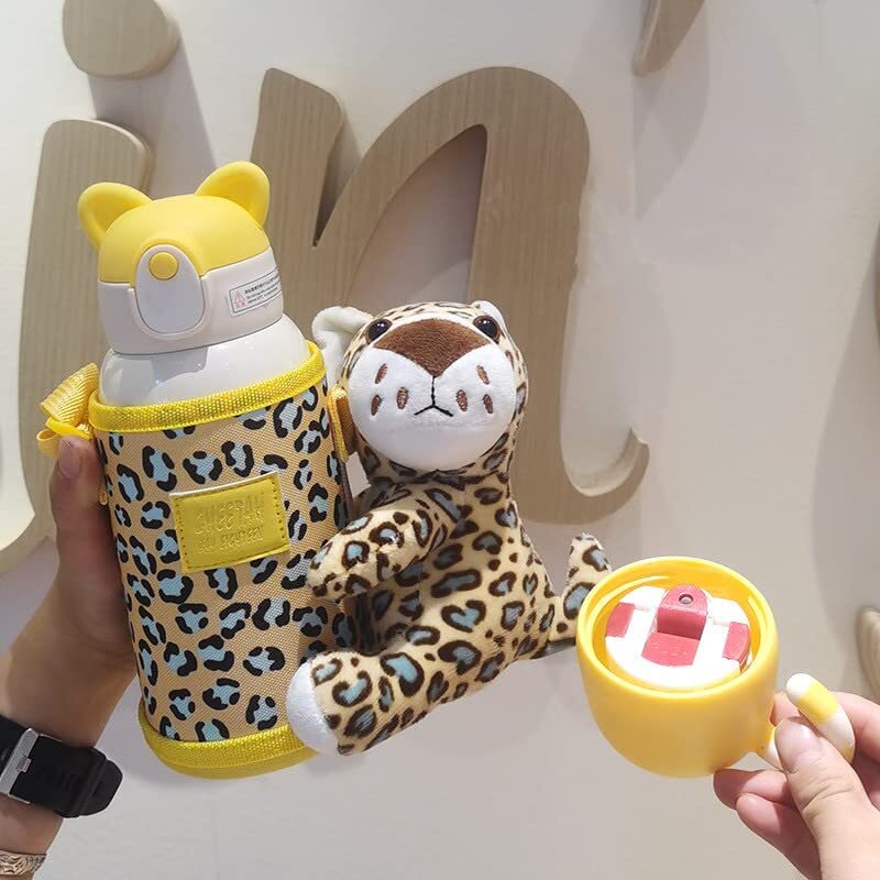 Cherrybox Animal Print Stainless Steel 316 Sipper Water Bottle With Animal Cartoon Plush Cover Flask - 530ml With Double Wall Flask With Straw And Cup - Color: Multi Color
