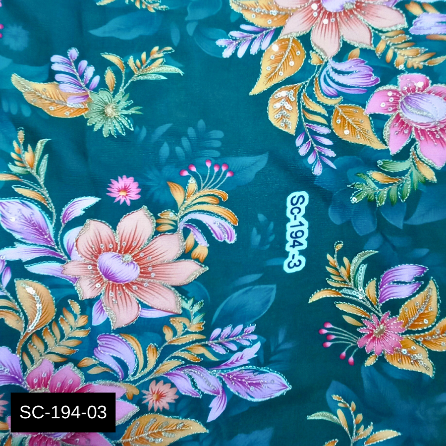 Beautiful Green Floral Position Print Chinon Fabric With Embroidery - Attributes: Washable