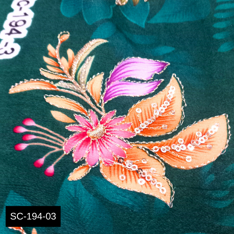 Beautiful Green Floral Position Print Chinon Fabric With Embroidery - Attributes: Washable